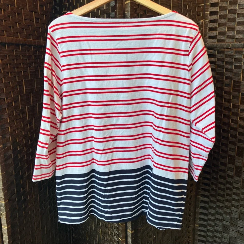 Talbots 100% Cotton Colorblock Destin Stripe Boat Neck 3/4 Sleeve T-Shirt XL